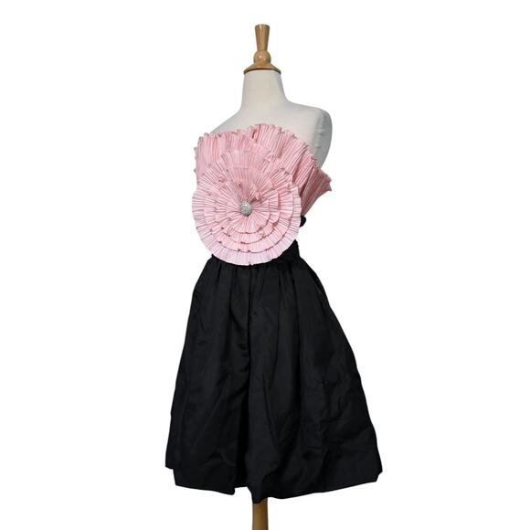 Vintage 80s AJ Bari Origami Crinkle Pink Flower Black Taffeta Party Dress XXS - Picture 6 of 10